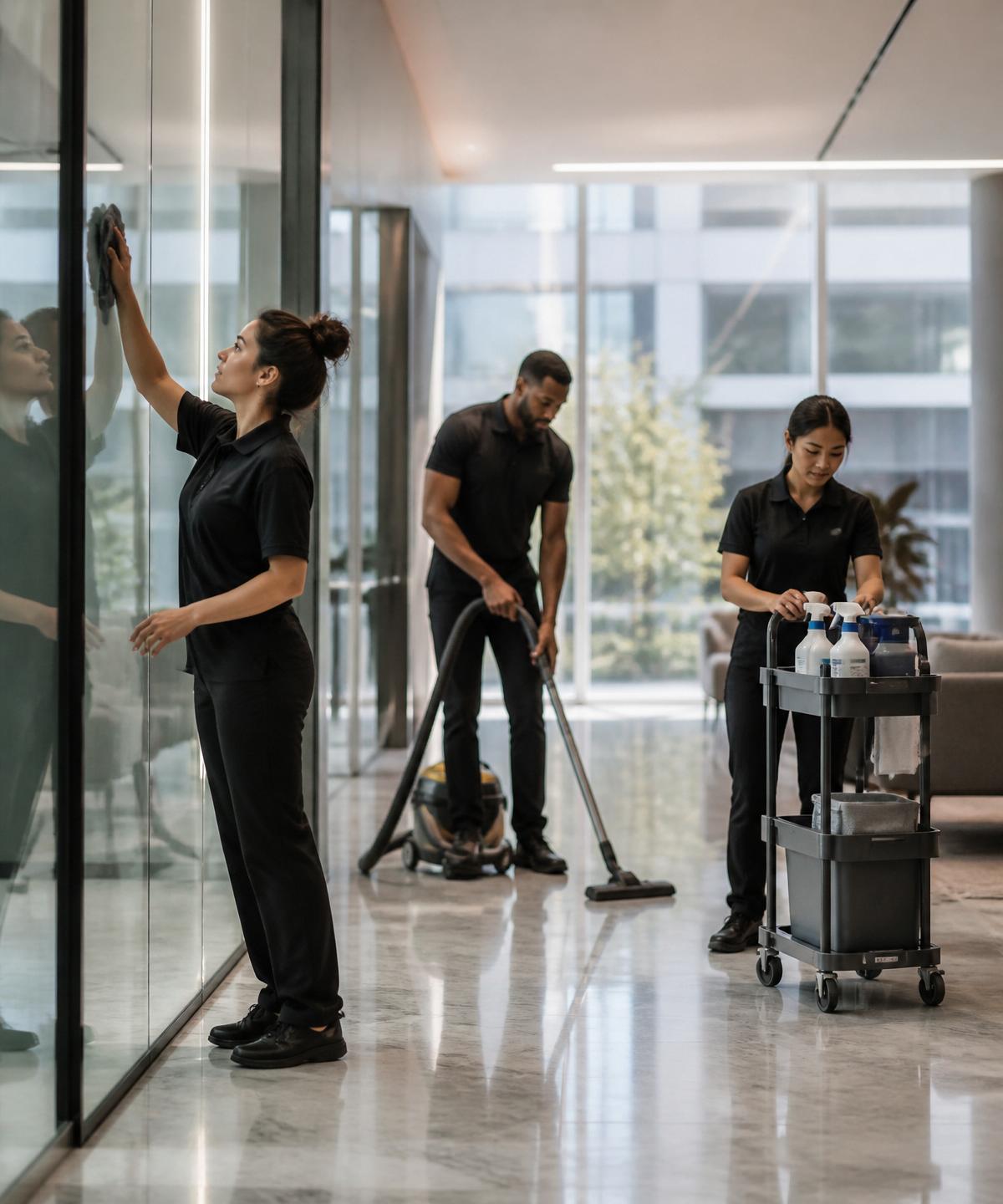 Professional I.D.A cleaning team working in a modern corporate lobby