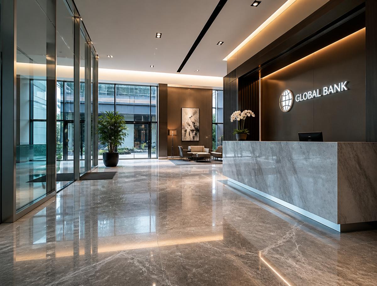 Corporate bank lobby polished floors