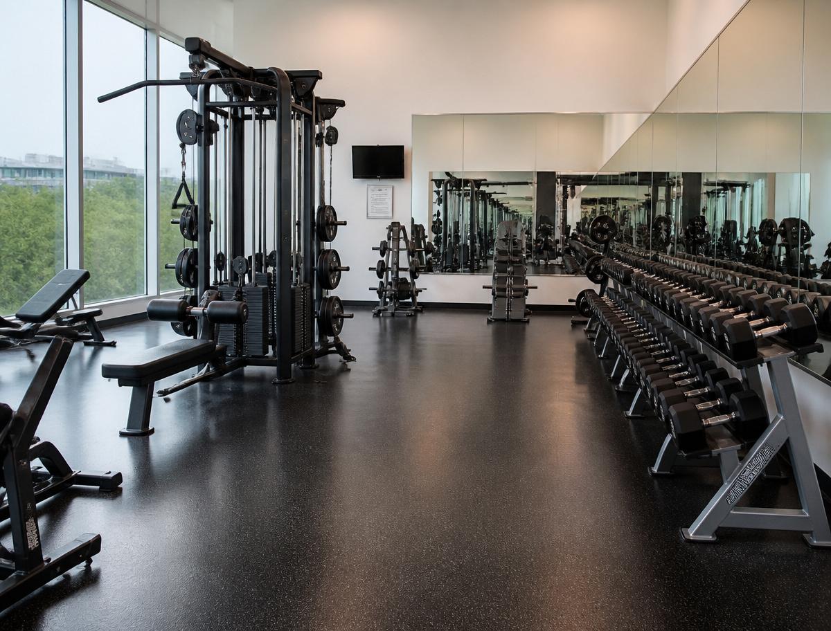 Modern gym interior with polished floors and aligned equipment
